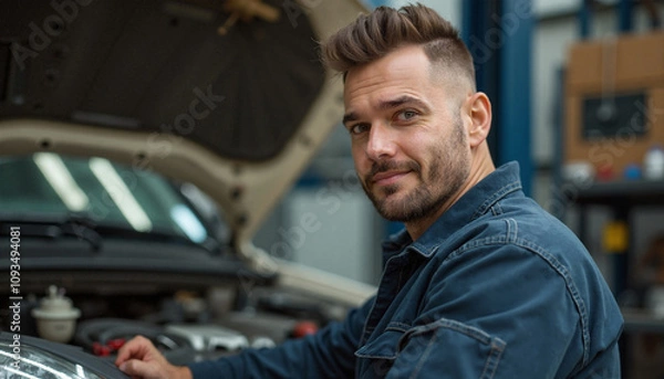 Fototapeta Confident Auto Mechanic Smiling While Working on Car Engine in Garage