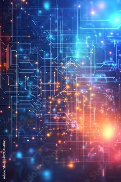 Fototapeta Bright circuit board with glowing blue and red nodes