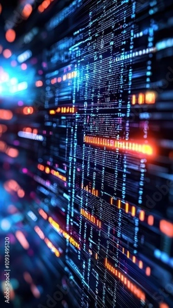 Fototapeta A vibrant, abstract digital background featuring illuminated lines and patterns, resembling a futuristic data network or technology interface.