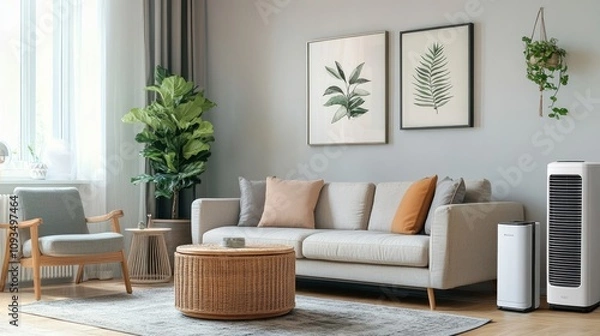 Fototapeta Portable air conditioner in a cozy modern living room.
