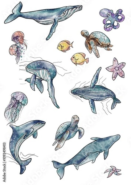 Fototapeta set of watercolor illustrations of marine life whales, orca, jellyfish, turtle, dolphin, octopus, starfish. For the design of postcards, articles, websites for Ocean Day,