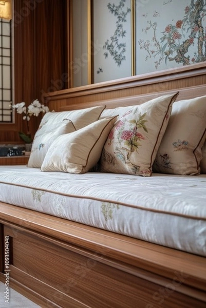 Fototapeta A bed with many pillows stacked on top, great for decoration or photography props