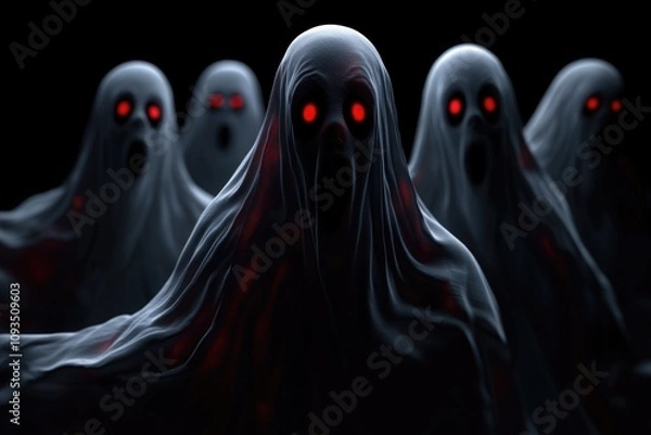 Fototapeta A group of ghostly figures with red eyes, ideal for horror or fantasy themes