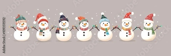 Fototapeta Wishing you a merry Christmas and a happy new year with a charming snowman in a winter outfit. A holiday-themed cartoon character, available as a modern.