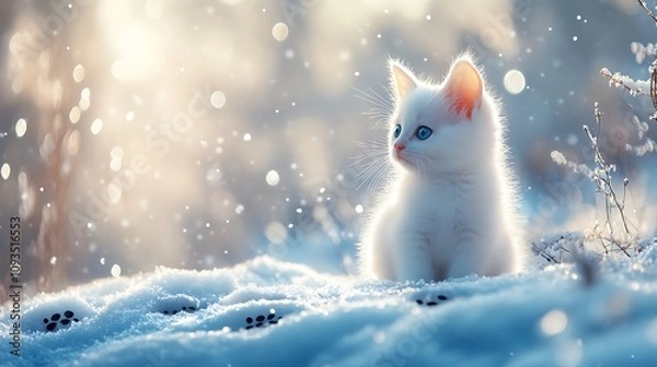 Fototapeta A white kitten surrounded by a ring of snowy pawprints sitting in the middle of a sparkling winter landscape