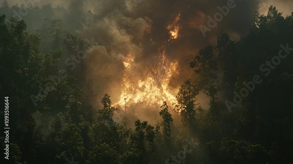 Fototapeta Inferno of Destruction: Wildfire Ravaging Forest with Choking Smoke, Ash, and Climate Change Consequences