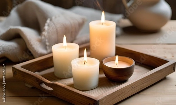 Fototapeta Neutral Color Candles with a subtle scent diffuser on a wooden tray