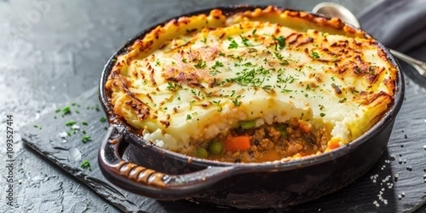 Fototapeta English Shepherd's Pie, hearty casserole dish with layers of seasoned ground lamb or beef, mixed vegetables, potatoes