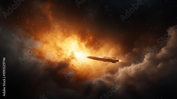 Fototapeta A sleek rocket is captured in mid-launch as it pierces through the fiery clouds, its engines blazing, setting the backdrop of a dramatic cosmic scene in the night sky.