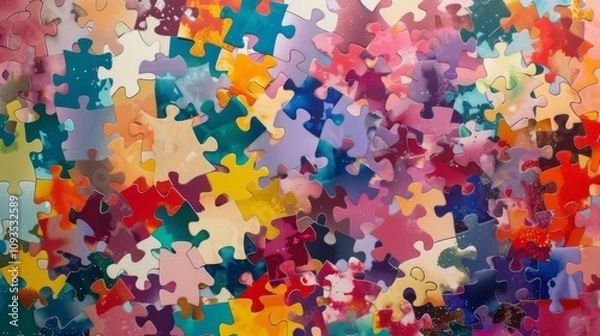 Fototapeta A vibrant jigsaw puzzle with pieces of various shapes, sizes