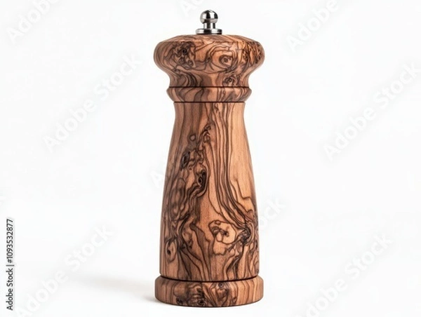 Fototapeta A stylish wooden pepper mill with a distinctive grain pattern, showcasing craftsmanship and elegance for culinary enthusiasts.