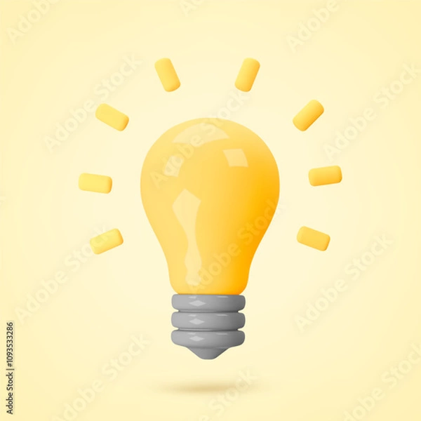 Obraz 3d render yellow light bulb isolated on white background. Creativity idea, business success, strategy concept. Realistic vector icon for postcard, poster, banner, web, design, arts, advertising