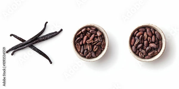 Obraz Cocoa beans displayed alongside vanilla pods isolated on a white background. high quality