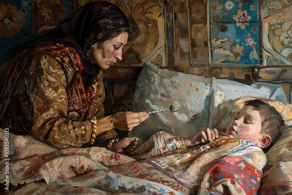 Fototapeta Artwork depicting mother caring for ill child in traditional setting with ornate decorative elements, cultural healthcare narrative