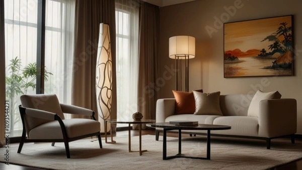 Fototapeta Here's a possible  and keyword list for your stock photo... Modern living room with beige sofa, armchair, floor lamp, and artwork.