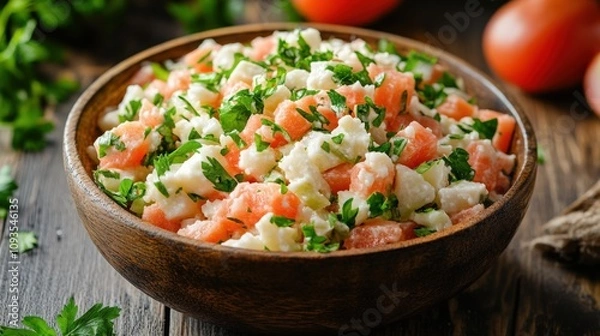Fototapeta Fresh and Colorful Salad with Tomatoes and Feta in Wooden Bowl