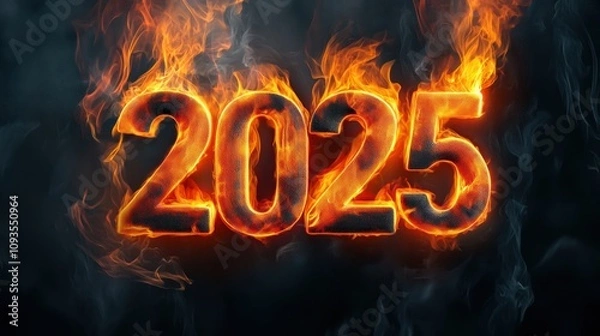 Fototapeta Fiery 2025 numbers blaze against a dark background, symbolizing a dynamic future, AI