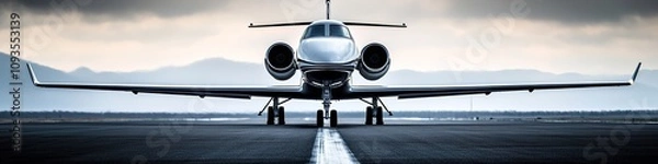 Fototapeta Private jet centered on runway under dramatic sky