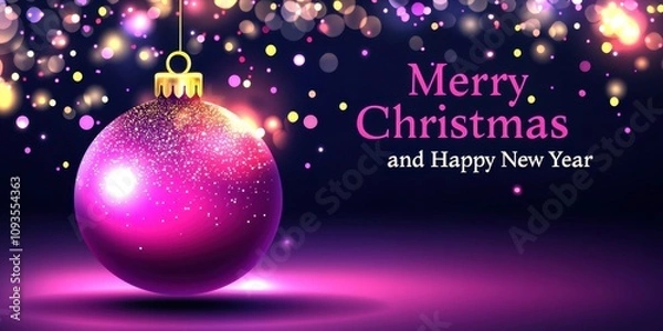 Fototapeta A vibrant Christmas background with a large, glowing pink ball-shaped ornament in the center and the text "Merry Christmas and Happy New Year" Generative AI