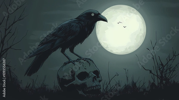 Fototapeta Eerie cartoon crow on skull under moonlight, dark background enhances the haunting atmosphere and adds an unsettling charm. Haunting Crow Silhouette. Illustration