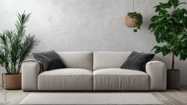 Fototapeta Modern living room with stylish sofa and indoor plants in neutral tones and natural light