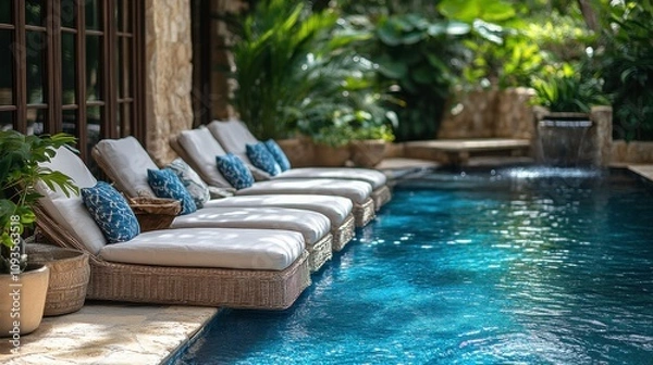 Fototapeta Luxurious outdoor lounge area by a sparkling pool surrounded by lush greenery and elegant decor, perfect for relaxation and leisure in a serene environment