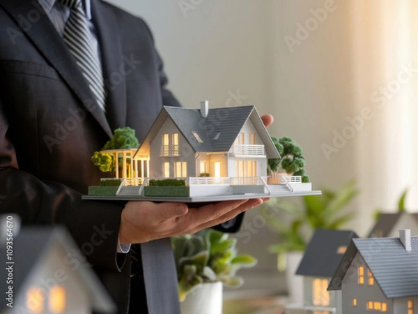 Obraz Hombre de negocios sosteniendo un modelo de una hermosa casa iluminada por la luz interior
