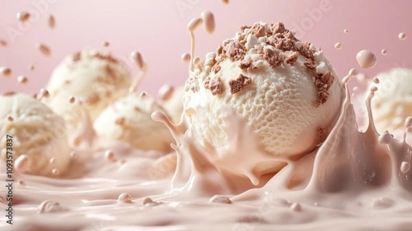 Fototapeta A dynamic shot of ice cream sphere splashing in a creamy liquid, crowned with crumbled bits, illustrating indulgence and the joy of sweet treats.