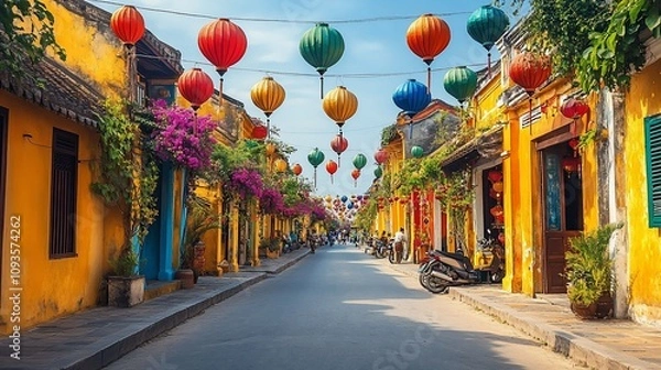 Fototapeta Colorful lanterns hang over a vibrant street in Hoi An, Vietnam.