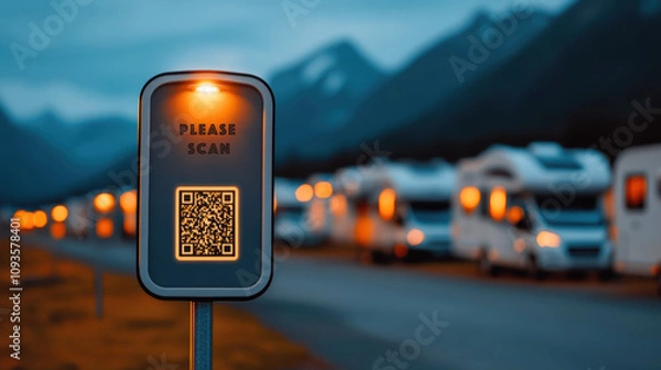 Fototapeta In a serene valley, a QR code sign illuminates the path, guiding a line of RVs silhouetted against misty mountains in the soft twilight glow.