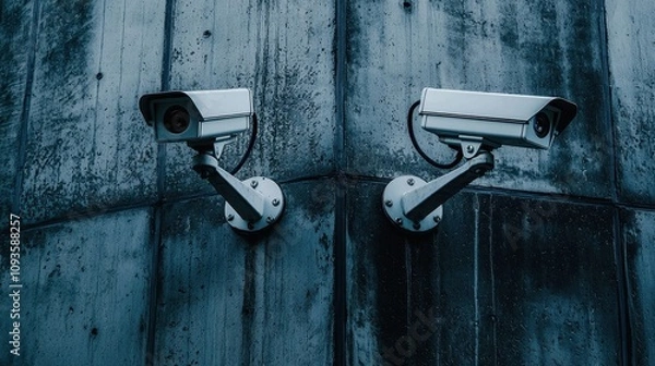 Fototapeta Security Cameras Mounted on a Concrete Wall Reflecting a Vigilant Surveillance System for Safety and Protection in Urban Environments