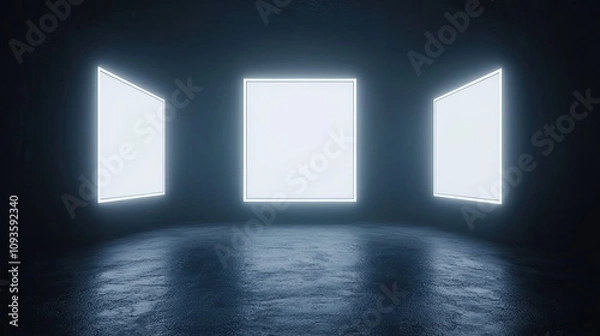 Fototapeta Three Illuminated Panels In A Dark Room