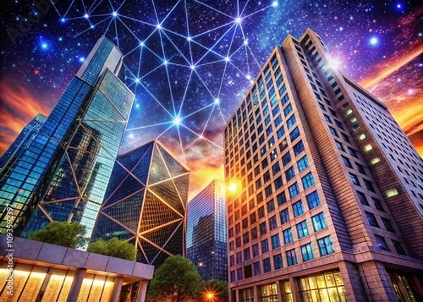 Fototapeta Stunning Architectural Photography of a Modern Building with Astro Charts and Celestial Elements in a Night Sky Setting, Perfect for Astrological and Astronomy Themes
