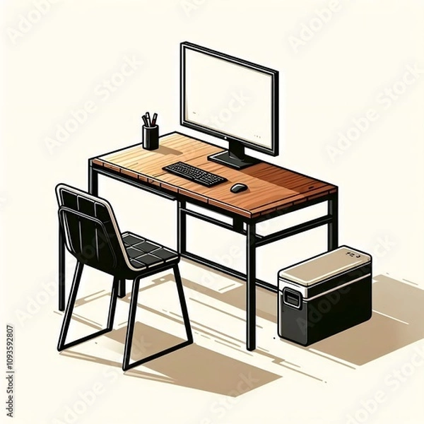 Fototapeta A computer desk with a chair and a computer monitor