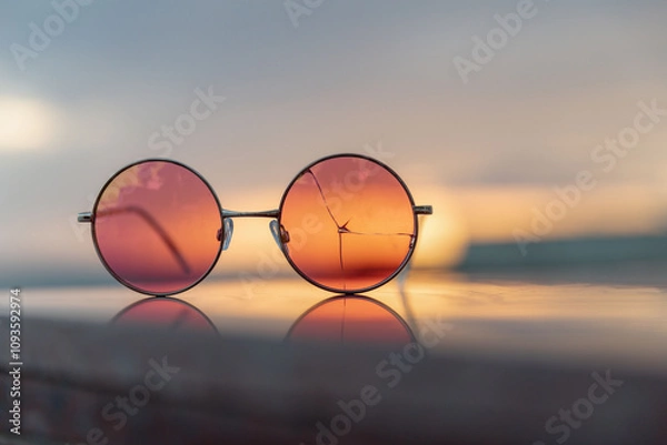Obraz Pink sunglasses with cracked glass lie on the parapet of the promenade against the setting sun. The concept of a day, a year, a life coming to an end with the realization that there was a deception.