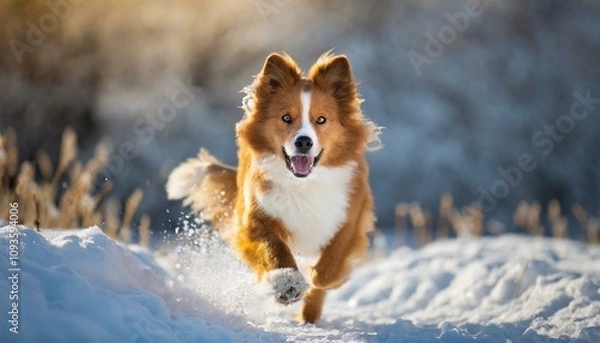 Fototapeta Dog running though the snow, AI FireFly Creation