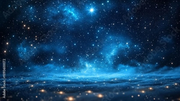 Fototapeta Christmas night. The first star lit up in the winter forest with snow and the night starry sky. Christmas Eve concept. Comet falls in the starry night sky