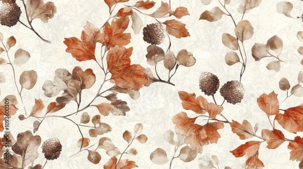 Obraz Seamless watercolor pattern of fall leaves and flowers on a white background.
