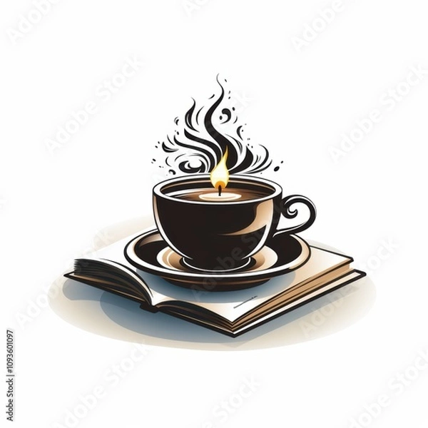 Fototapeta A steaming cup of coffee with a candle flame sits atop an open book, evoking a cozy and inviting atmosphere.