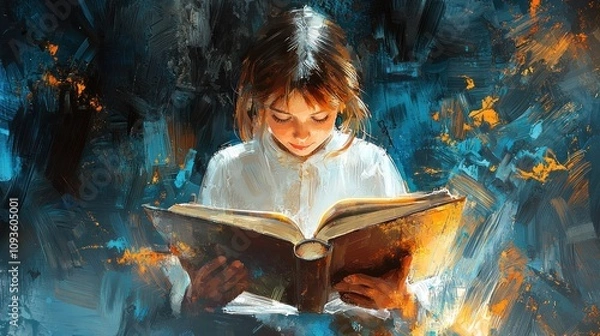 Obraz A young girl engrossed in reading a book, illuminated with magic.
