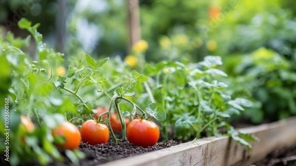 Fototapeta Ripe tomatoes rest on the soil while fresh greens grow steadily in a vibrant garden bed under bright sunlight. Generative AI