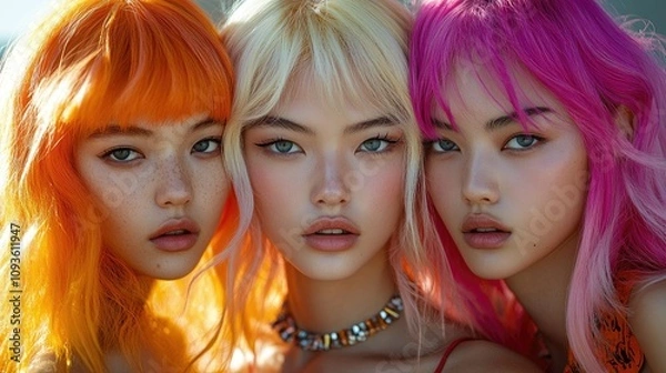 Fototapeta Three models with vibrant hair colors posing closely together, showcasing beauty and fashion.