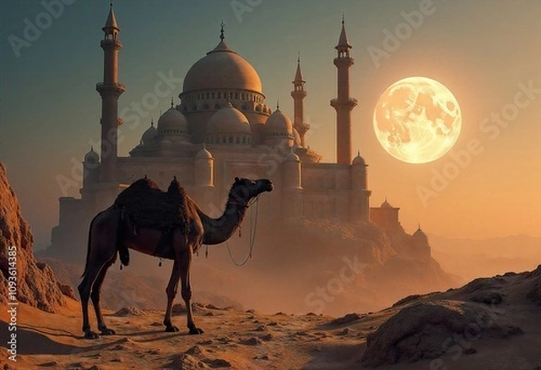 Fototapeta Camel in the desert against the background of the palace and the moon