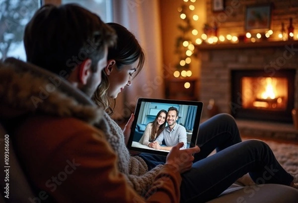 Fototapeta Family looking at photos on tablet with fireplace in the background