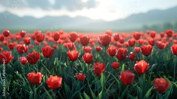 Fototapeta Vibrant red tulips bloom under the soft morning sun in a scenic field surrounded by mountains. Generative AI