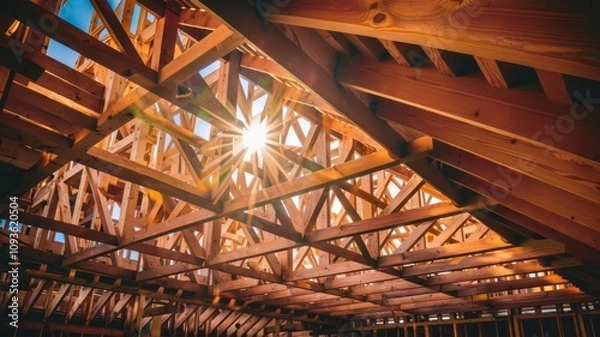 Fototapeta Sunlit Framework: Architectural details showcase the intricate wooden framework of a building's roof. Sunlight streams through the structure.