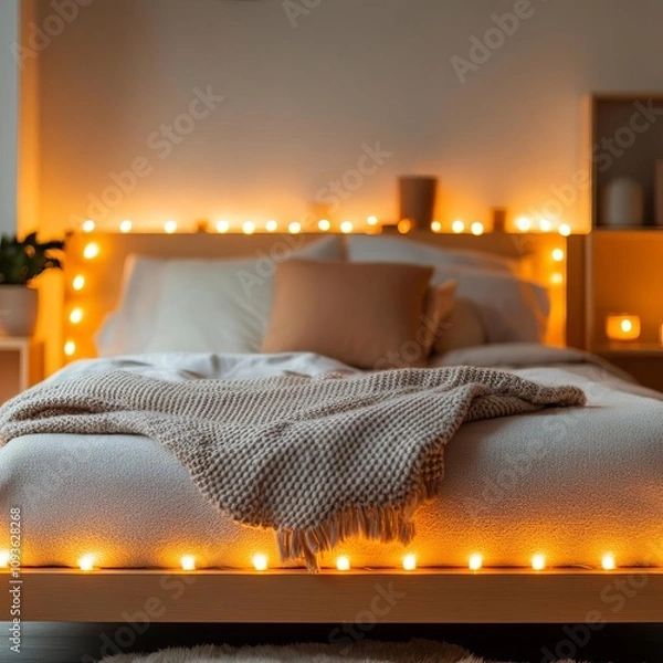 Fototapeta Soft glowing fairy lights around a bed frame, cozy and warm ambiance