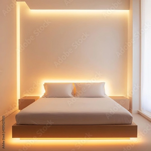 Fototapeta Soft under-bed lighting in a minimalist bedroom, warm and calming