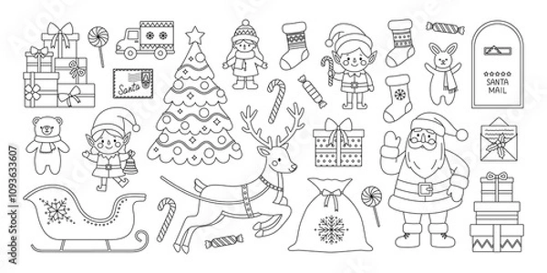 Obraz Christmas set coloring page. Outline set with Santa Claus, elves, deer, sleigh, sack, tree, gifts, toys, mailbox, letters, stocking and candies. Santa mail. Holiday collection. Coloring book for print