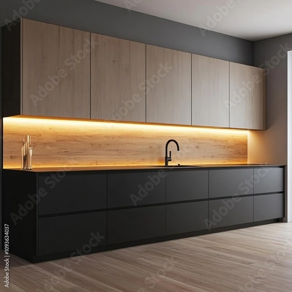 Obraz Warm lighting under floating cabinets, adding depth to a modern kitchen